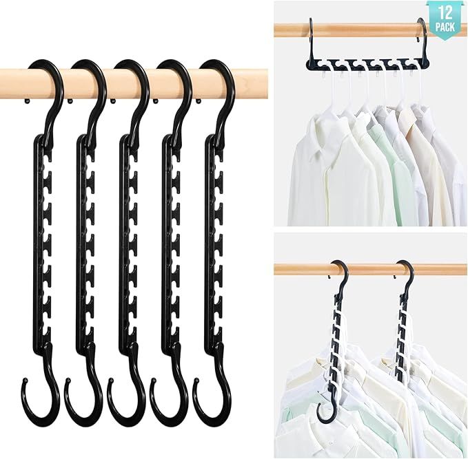 Sturdy Plastic Space Saving Hangers 12 Pack, Cascading Hangers Organizer Closet Space Saver 80% and Wrinkle Free Clothes, Multi Collapsible Hanger for Heavy Clothes, Shirts, Pants (Black)