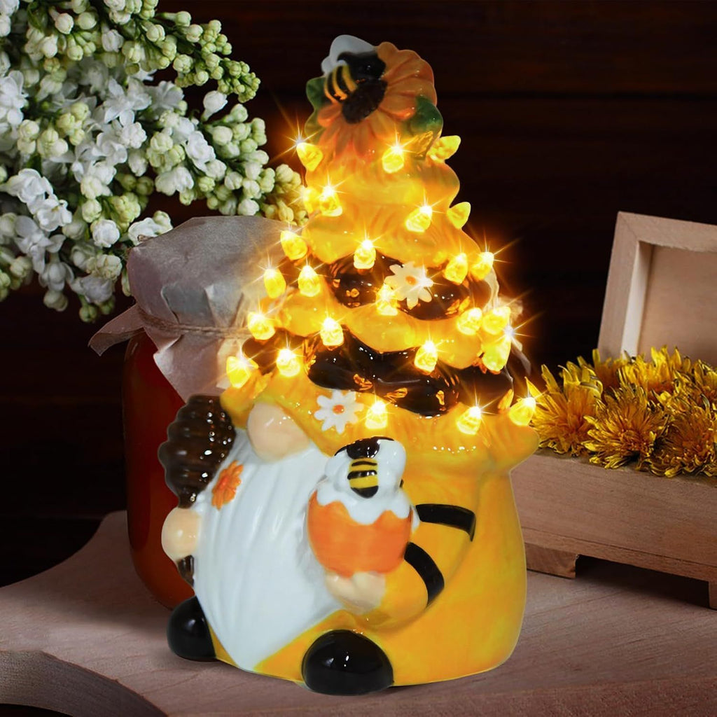 Summer Bee Decor, Sunflower Gnome Ceramic Tree Light, Rustic Farmhouse Summer Decorations for Home, Bee Gnome Gifts for Women