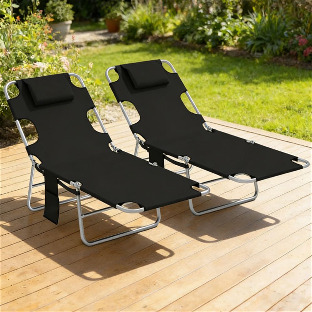 Sunbathing chair,  one set of two,  outdoor chair, lounge chair, armchair, black