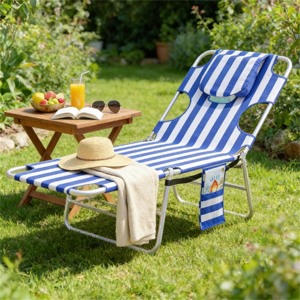 Sunbathing chair, outdoor lounge chair, sun chair, adjustable armchair, blue stripes