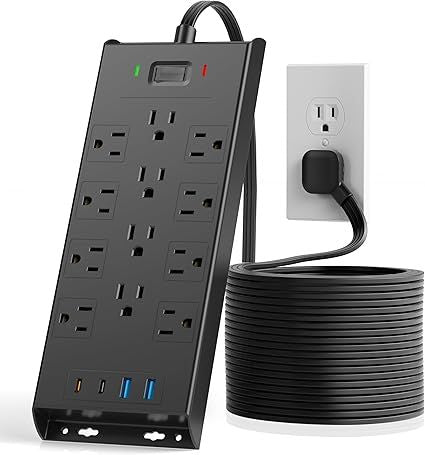 Surge Protector Power Strip 4800J, LeZone 10Ft Long Extension Cord Flat Plug, 12 Outlets 2 USB C 2 USB Ports, Wall Mountable, 20W Desk Charging Station, Black