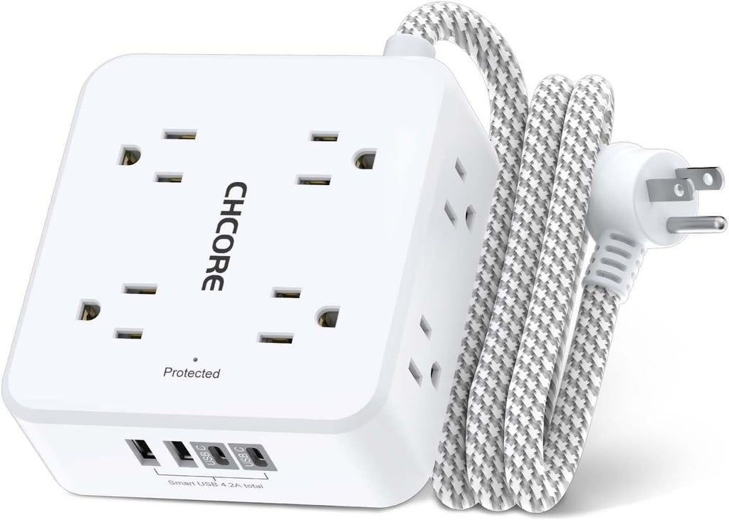 Surge Protector Power Strip 5Ft Braided Extension Cord with 8 Outlets with 4 USB (2 USB C) Charging Ports, Flat Plug Multi Plug Outlet Extender Charging Station for Home Office, ETL, White