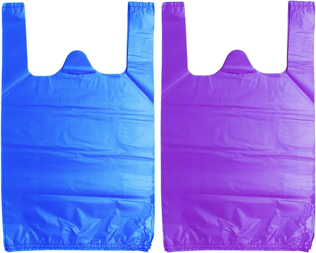 T Shirt Bags, Bolsas De Plastico Para Negocio,12x20 Inches Plastic Shopping Bags with Handles for Grocery, Business, Restaurant Use (Blue 50pcs, Purple 50pcs)