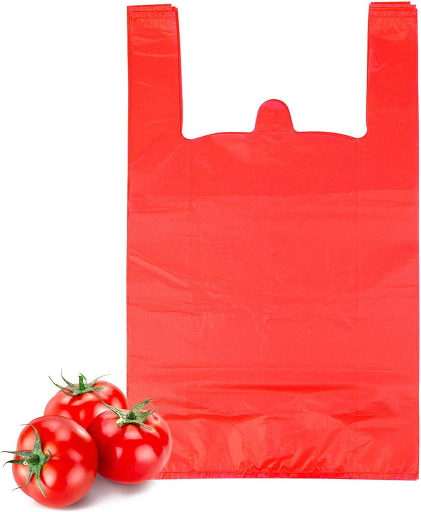 T Shirt Bags, Plastic Bags with Handles for Grocery and Retail, Bolsas De Plastico Para Negocio, 12x20inch (Red, 100pcs)
