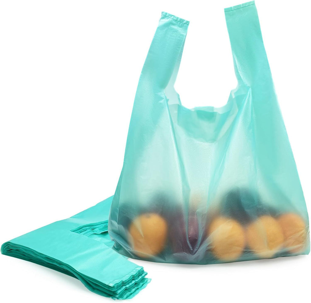 T Shirt Bags, Plastic Bags with Handles for Grocery and Retail Shopping, Bolsas De Plastico Para Negocio, 16x23 Inch (Lake Blue, 100pcs)