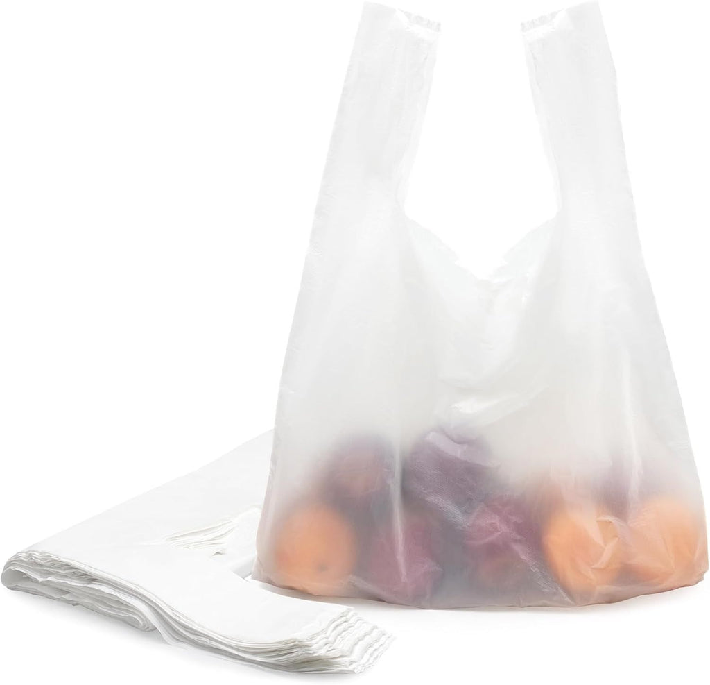 T Shirt Bags, Plastic Bags with Handles for Grocery and Retail Shopping, Bolsas De Plastico Para Negocio, 16x23 Inch (White, 100pcs)