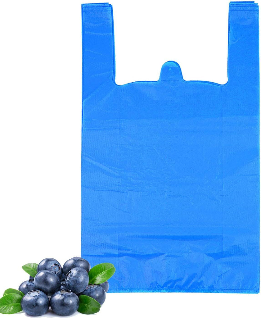 T Shirt Bags Plastic Grocery Bags with Handles in Bulk for Shopping and Restaurant, Bolsas De Plastico Para Negocio, 12 x 20 Inch (Blue, 50 Pcs)