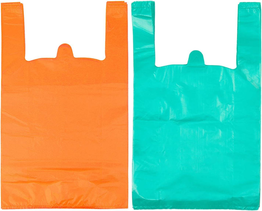 T Shirt Bags, Plastic Grocery Bags with Handles in Bulk for Shopping and Restaurant, Bolsas De Plastico Para Negocio, 12 x 20 Inches (Lake Blue 50 Pcs, Orange 50 Pcs)