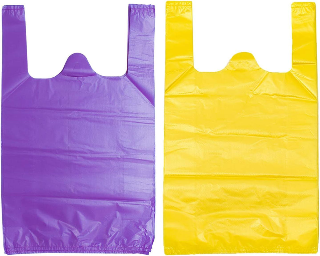 T Shirt Bags, Plastic Grocery Bags with Handles in Bulk for Shopping and Restaurant, Bolsas De Plastico Para Negocio, 12 x 20 Inches (Purple 50 Pcs,Yellow 50 Pcs)