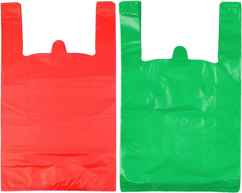 T Shirt Bags, Plastic Grocery Bags with Handles in Bulk for Shopping and Restaurant, Bolsas De Plastico Para Negocio, 12 x 20 Inches (Red 50 Pcs, Green 50 Pcs)
