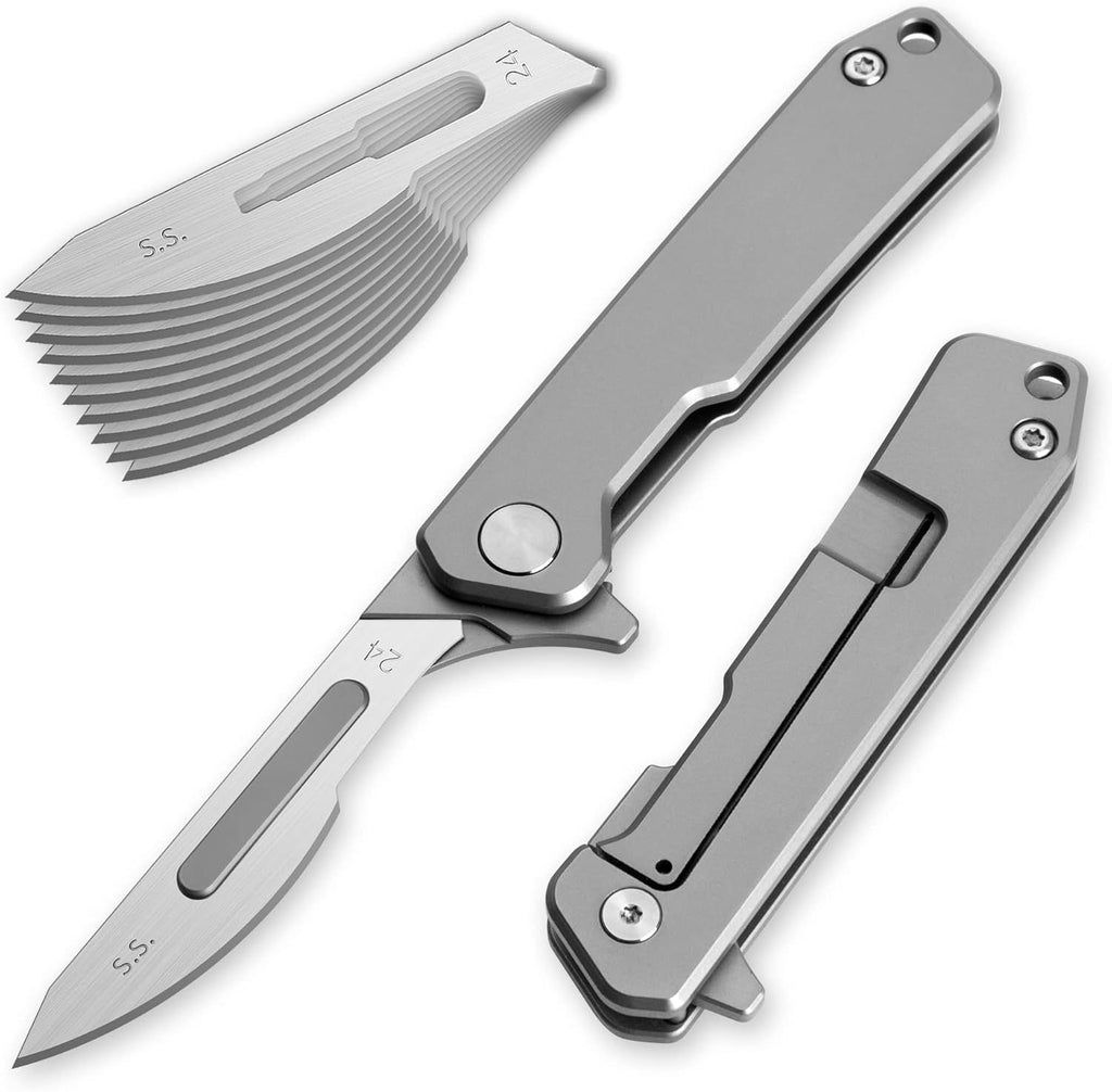 T058 Folding Scalpel Knife, 3.6'' Titanium alloy handle, with 10pcs #60 Stainless Steel Blade, Utility EDC Pocket Knife with Back Clip 1.4oz