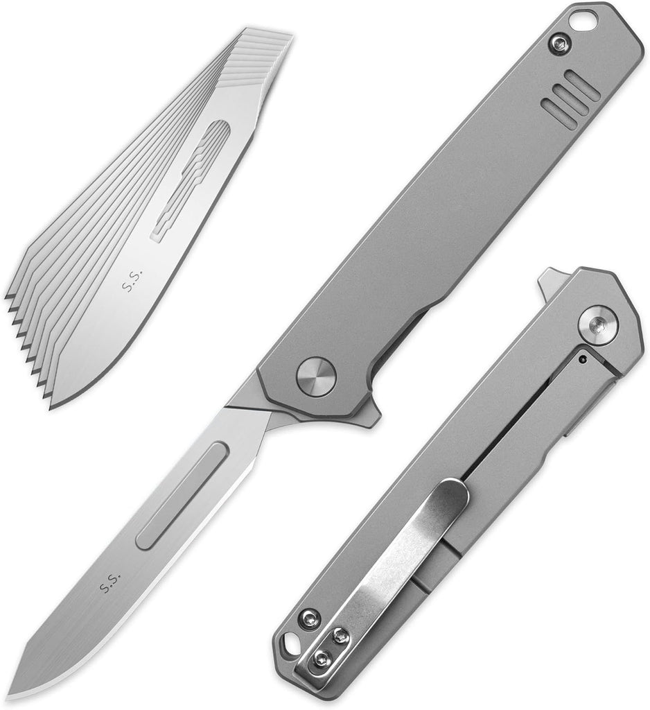 T058 Folding Scalpel Knife, 3.6'' Titanium alloy handle, with 10pcs #60 Stainless Steel Blade, Utility EDC Pocket Knife with Back Clip 1.4oz