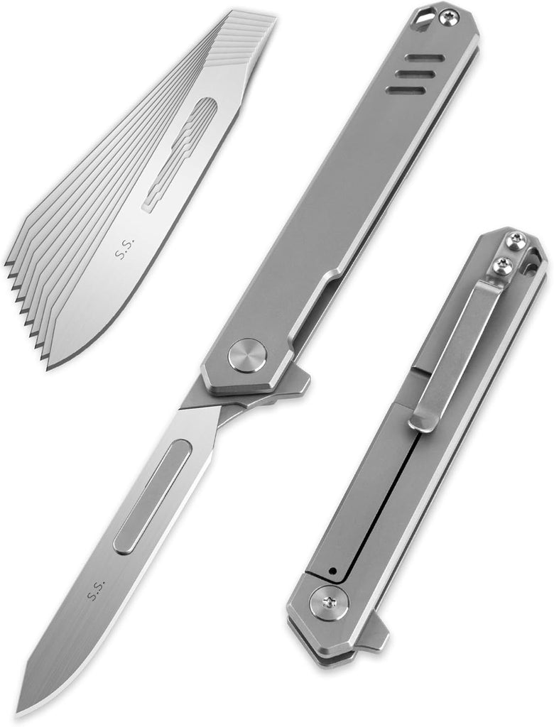 T058 Folding Scalpel Knife, 3.6'' Titanium alloy handle, with 10pcs #60 Stainless Steel Blade, Utility EDC Pocket Knife with Back Clip 1.4oz