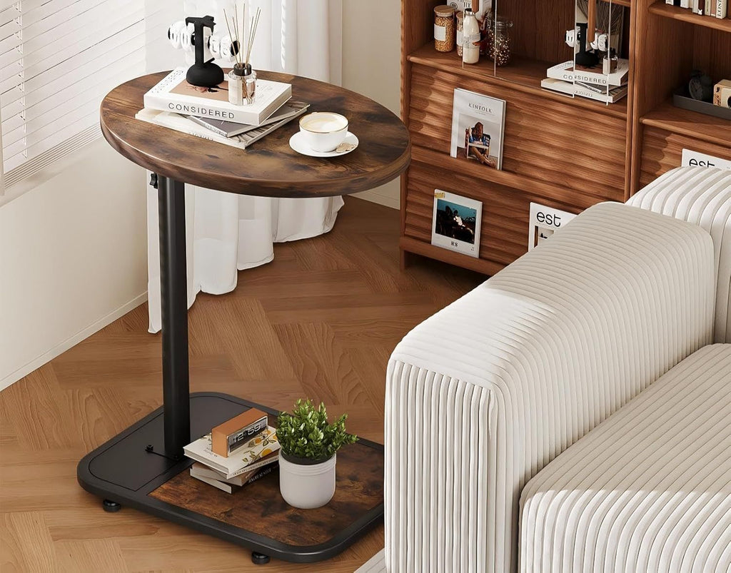 Table with Infinite Adjustable Height - C-Shaped Sofa End Side Table for Snack Laptop Desk Small Spaces (Brown)