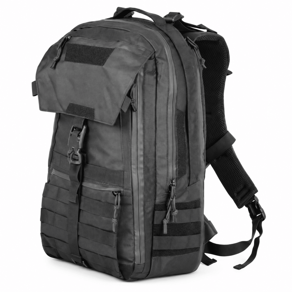 Tactical Backpack with Front Flap, Webbing and Zipper Pockets for Travel and Hiking