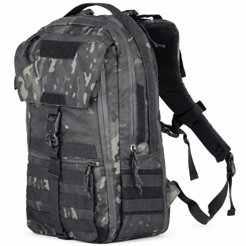 Tactical Backpack with Front Flap, Webbing and Zipper Pockets for Travel and Hiking
