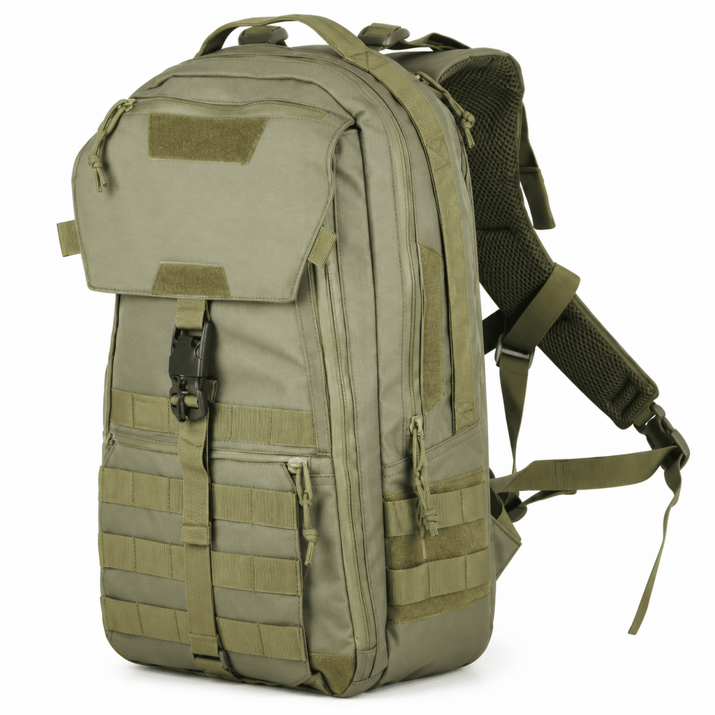 Tactical Backpack with Front Flap, Webbing and Zipper Pockets for Travel and Hiking