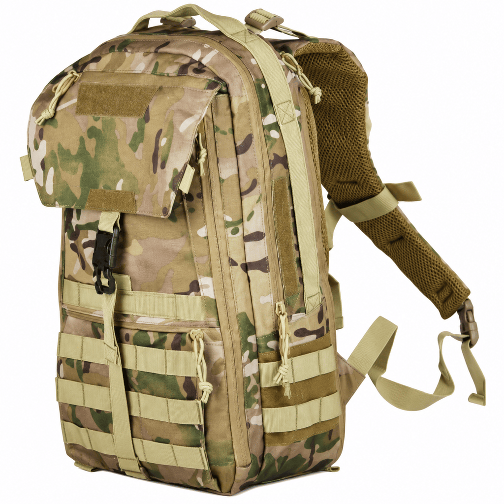 Tactical Backpack with Front Flap, Webbing and Zipper Pockets for Travel and Hiking