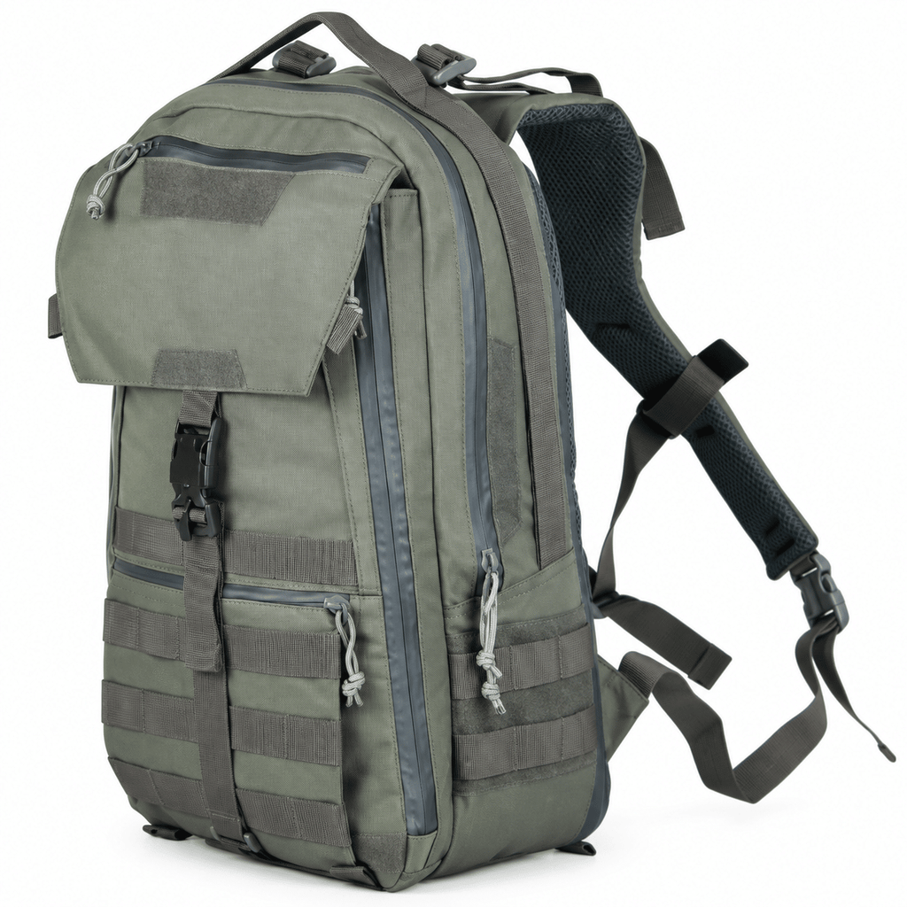Tactical Backpack with Front Flap, Webbing and Zipper Pockets for Travel and Hiking