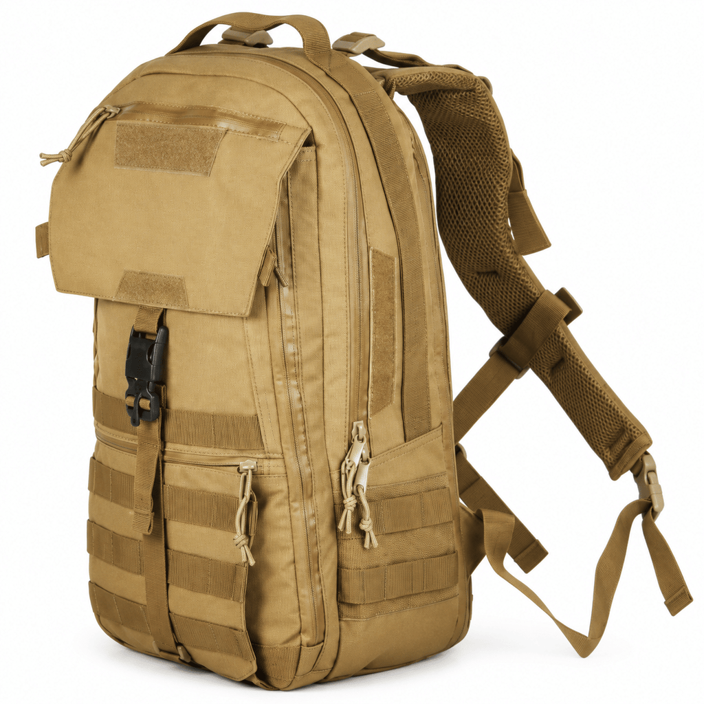 Tactical Backpack with Front Flap, Webbing and Zipper Pockets for Travel and Hiking