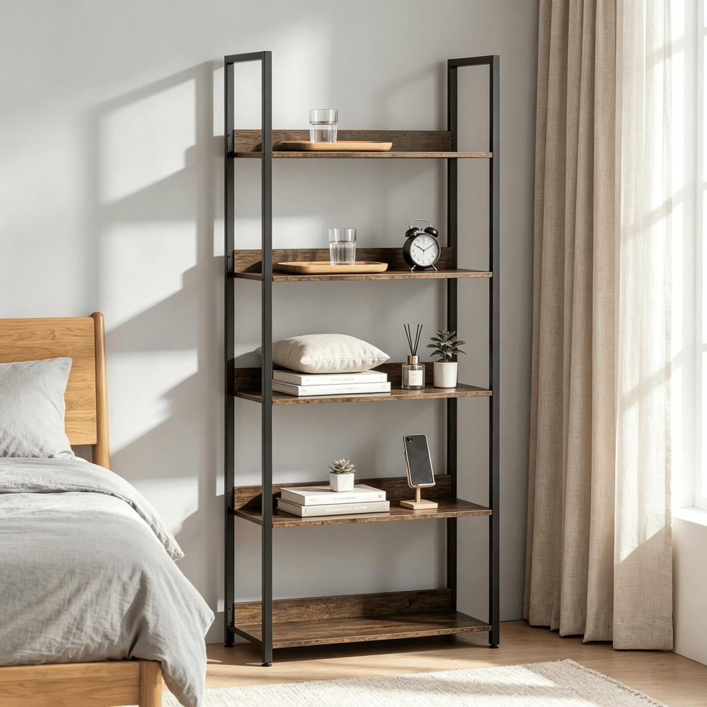 Tall 5-Tier Bookshelf Wooden Open Bookcase with Back Panels for Living Room Bedroom Hallway Storage Organizer