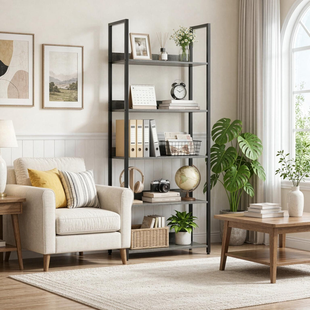 Tall 5-Tier Bookshelf Wooden Open Bookcase with Back Panels for Living Room Bedroom Hallway