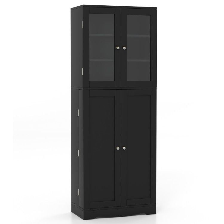 Tall Kitchen Pantry Cabinet with Dual Tempered Glass Doors and Shelves