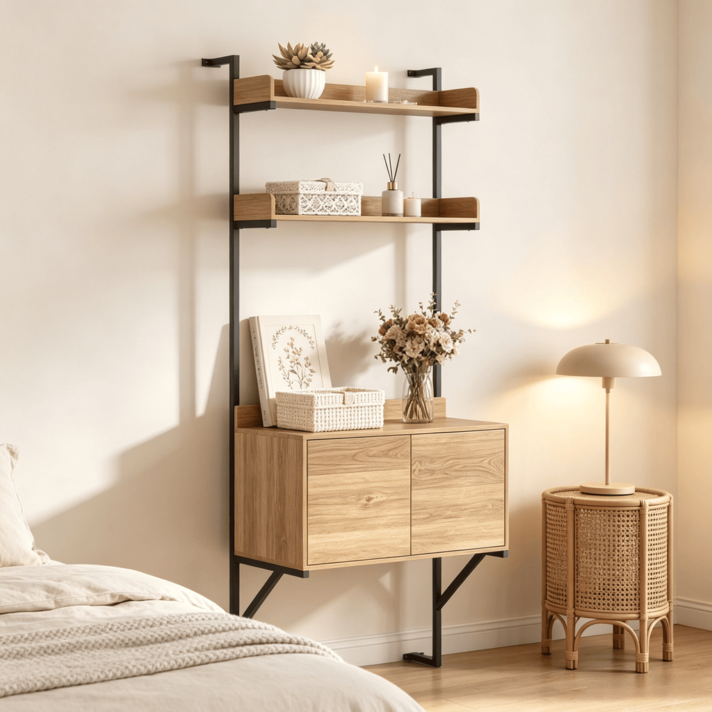 Tall Ladder Shelf Wall Mounted with Storage Cabinet Narrow Space Saving Bookcase for Small Areas