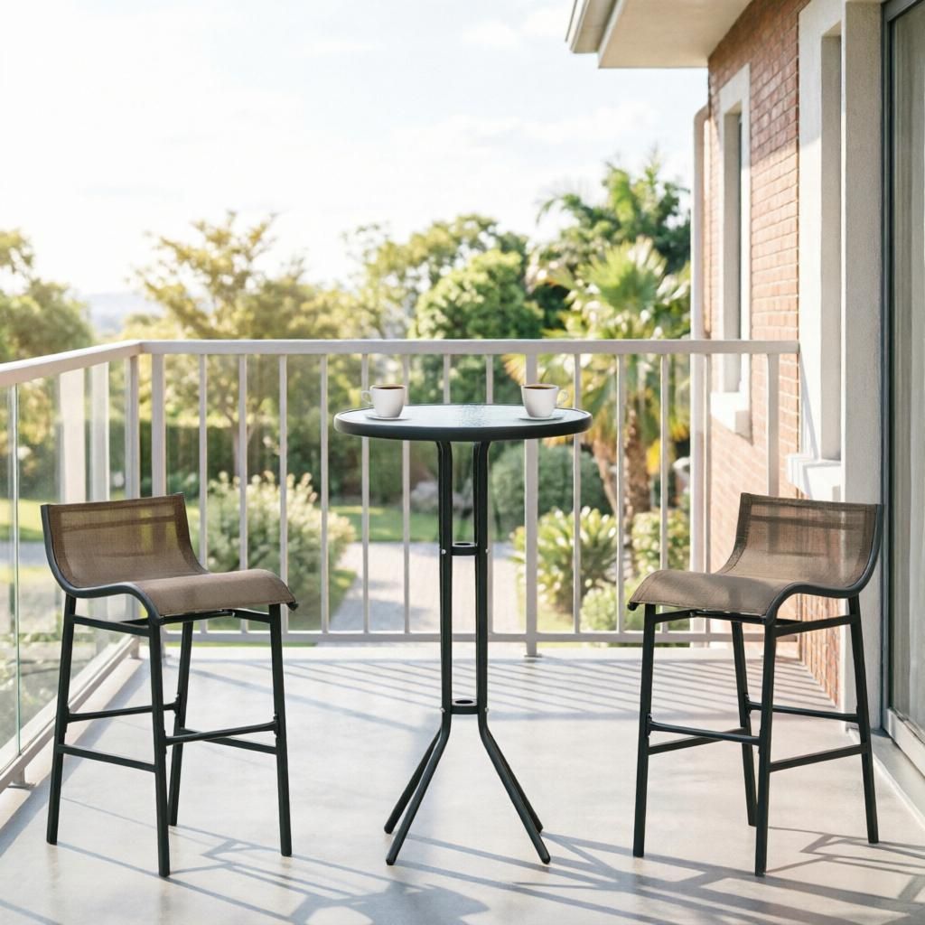 Tan 3 Piece Bar Height Outdoor Bistro Set for 2 - Weather Resistant Aluminum Furniture with Tempered Glass Top Table