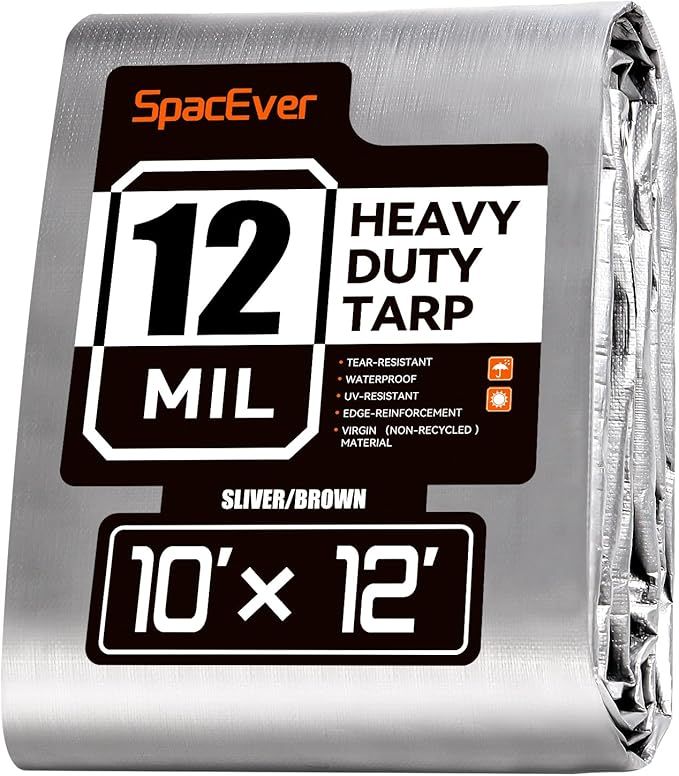 Tarp Heavy Duty 10x12 FT, 12 Mil Thick Large Tarps Water-Proof with Grommets, UV& Tear Resistant, Plastic Cover for Pool Roof Tent Outdoor Firewood, Silver& Brown