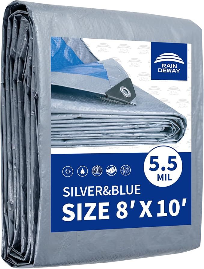 Tarps 8x10 Feet, 5.5 Mil - Multipurpose Waterproof Poly Tarp Cover with Metal Grommets and Reinforced Edges, Silver/Blue Tarp
