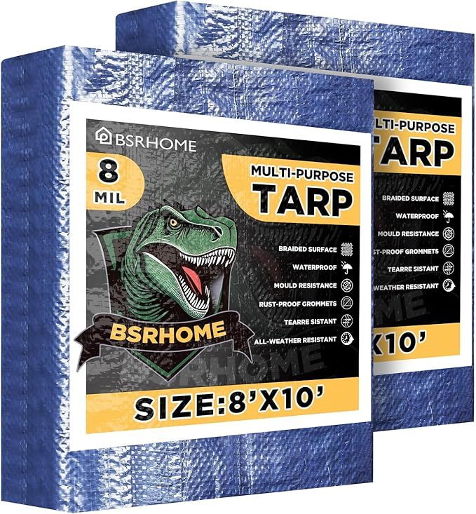 Tarps Waterproof 8x10 Feet, 2 Pack Heavy Duty Blue Tarp Cover 8 Mil Thick, Resistant Plastic Tarpaulin with Metal Grommets, Outdoor Tent Cover for Emergency Rain