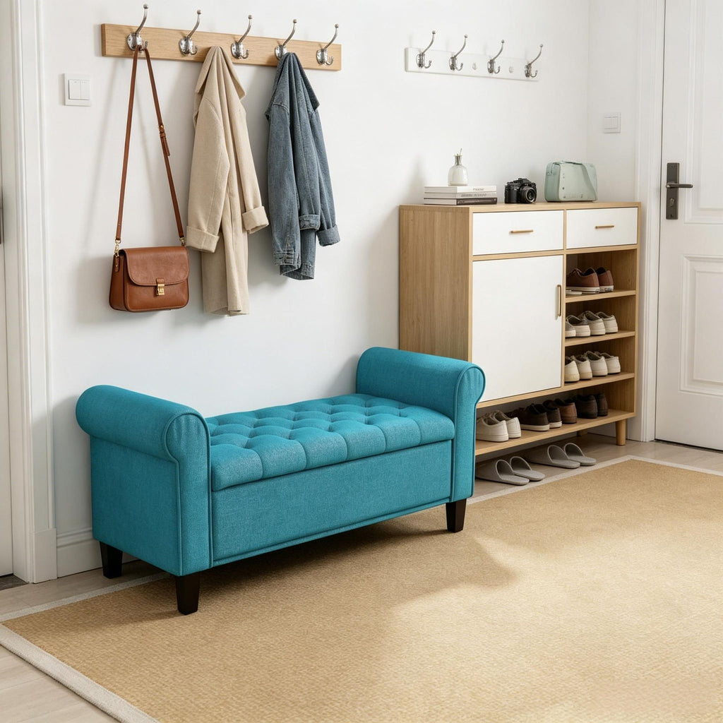 Teal 50-Inch Storage Ottoman End of Bed Bench with Rolled Arms Button Tufted Design Wood Legs for Extra Seating And Hidden Storage
