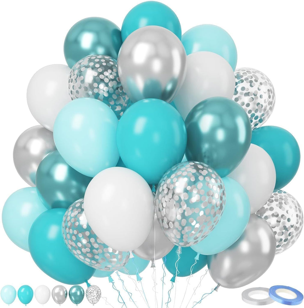 Teal Blue Balloons Set, 50pcs 12 Inch Turquoise Metallic Green Confetti Silver White Balloons For Wedding, Bridal Shower, Engagement, Birthday
