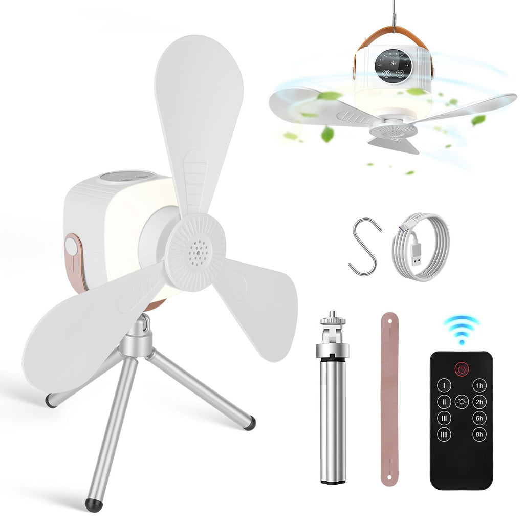 Tent Ceiling Fan with Light 7200mah Rechargeable Battery Operated Hanging Canopy Fan with Remote Control 4 Wind Speeds 3 Brightness