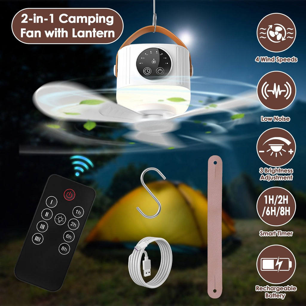 Tent Ceiling Fan with Light 7200mah Rechargeable Battery Operated Hanging Canopy Fan with Remote Control 4 Wind Speeds 3 Brightness