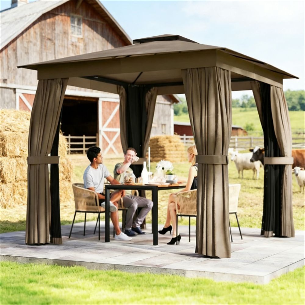 Terrace pavilion, soft roofed pavilion with curtains, canopy, khaki color