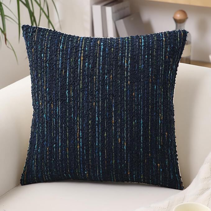 Textured Boucle Pillow Covers 18x18 Neutral Striped Throw Pillows Soft Modern Farmhouse Pillow Cases, 1pc Decorative Accent Square Couch Cushion Cover for Bed Chair Living Room, Blue