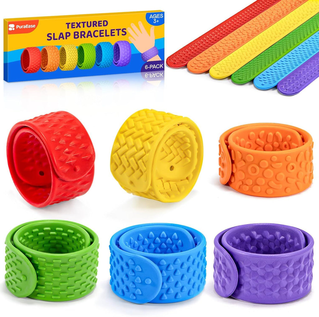 Textured Slap Bracelets 6PC Silicone Sensory Fidget Toys for Kids, Teens & Adults Calming Tools for Autism, ADHD, Anxiety & Stress Relief - Ideal for Classroom Rewards, Party & Special Needs Gifts