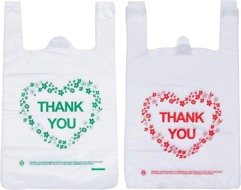 Thank You T Shirt Bags Plastic Grocery Bags with Handles for Merchandise and Supermarket, Bolsas De Plastico Para Negocio, 12 x 20 Inch (100 pcs)