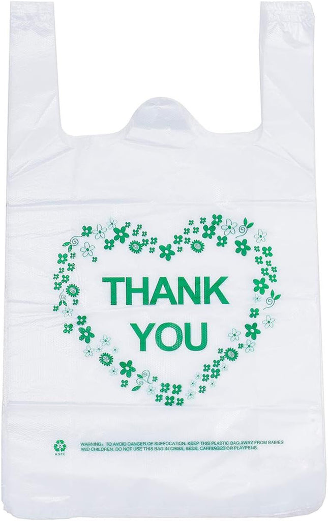 Thank You T Shirt Bags White Plastic Grocery Bags with Handles,Standard Supermarket Size, 12 x 20 inch (50 pcs)