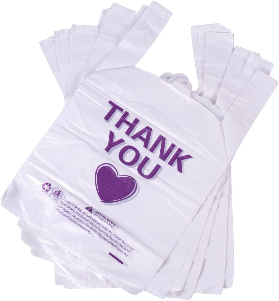 Thank You T Shirt Plastic Shopping Bag Reusable for Grocery Small Business Food To Go Bag with Handle 12x19 Inch 50 pcs - White