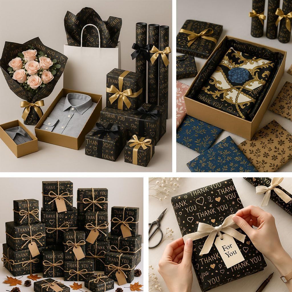 Thank You Tissue Paper Bulk, 20×14 inches, 100 Sheets Black Tissue Paper for Gifts Bags Crafts DIY Thanksgiving Party Decorations