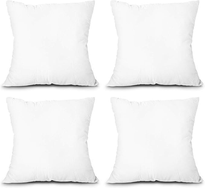 Throw Pillow Inserts, Set of 4 Lightweight Down Alternative Polyester Pillow, Couch Cushion, Sham Stuffer, Machine Washable. (White, 18x18)
