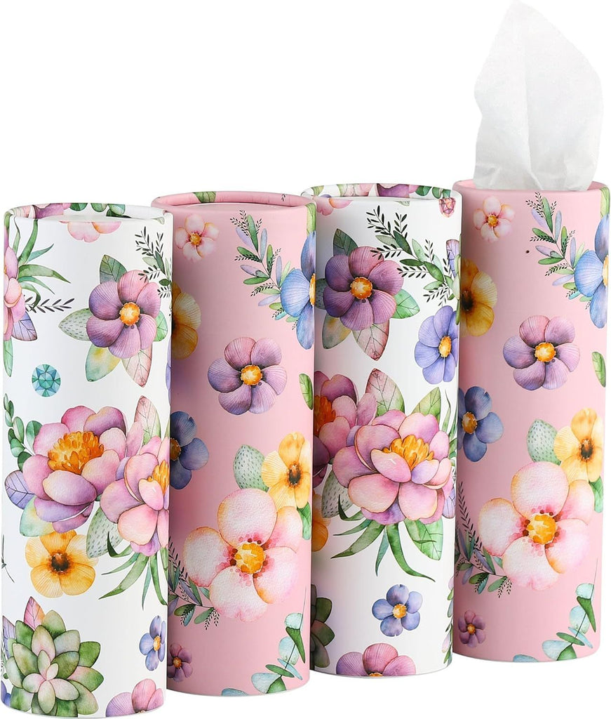 Tissues Holder with Facial Tissues 3-ply Travel Tissue Tubes 4 PK Tissues Box Container Perfect Fit for Car Cup Holder Cylinder (Pink)