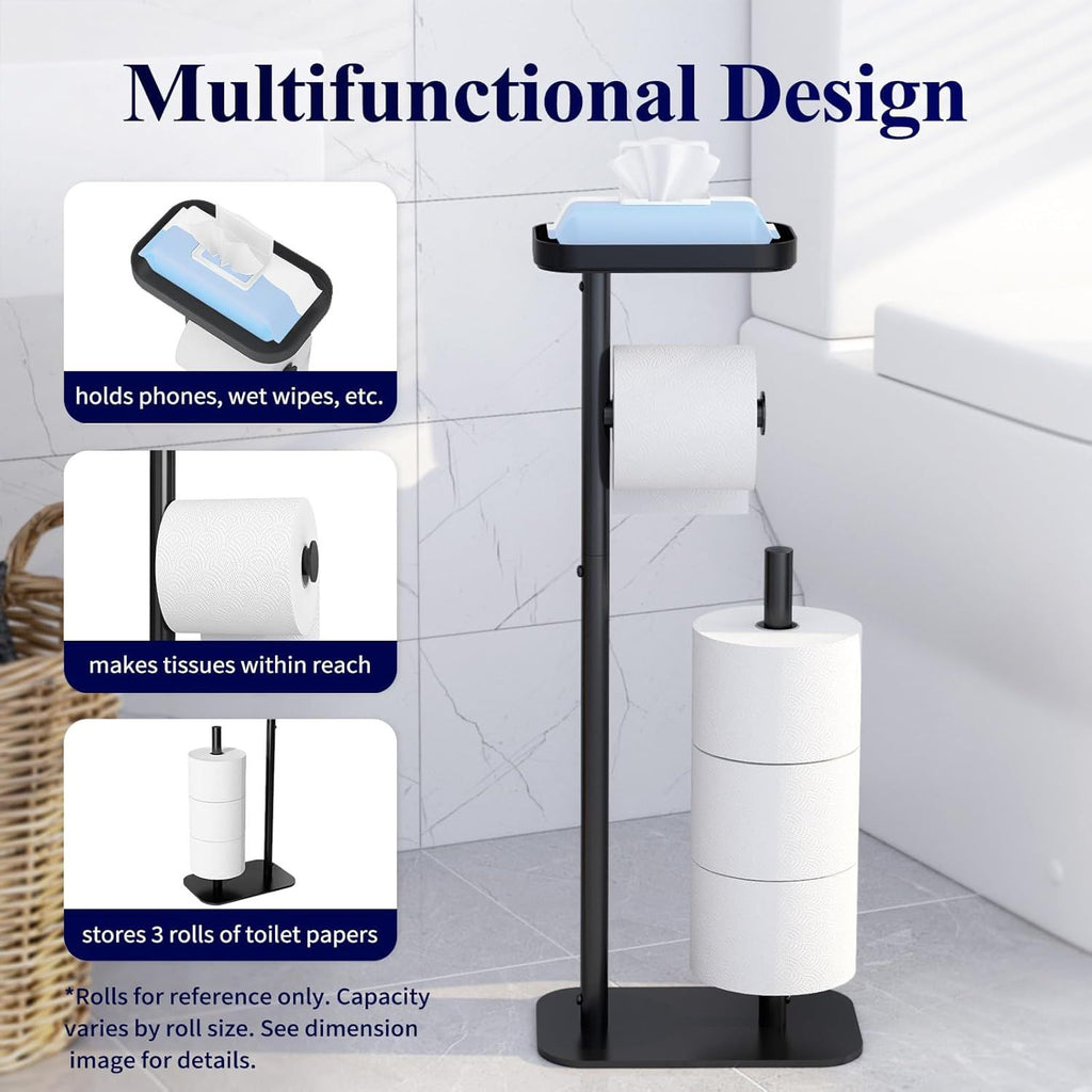 Toilet Paper Holder Free Standing – Rustproof Metal Toilet Paper Stand for 4 Rolls with Anti-Slip Base and Shelf for Phone & Small Items, Bathroom Organizers and Storage, Medium, Black