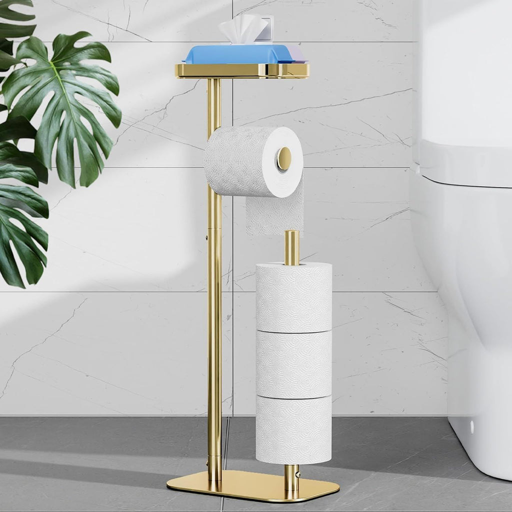 Toilet Paper Holder Free Standing – Rustproof Metal Toilet Paper Stand for 4 Rolls with Anti-Slip Base and Shelf for Phone & Small Items, Bathroom Organizers and Storage, Medium, Chrome Gold
