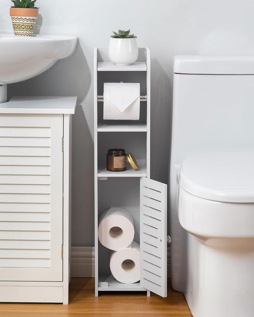 Toilet Paper Holder Stand: No Drill PVC Small Bathroom Cabinet for Apartment Dwellers - Rental Deposit Protection - Small Space Storage 
Toilet Paper Holder Stand: No Drill PVC Small Bathroom Cabinet