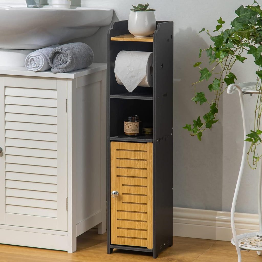 Toilet Paper Holder Stand: Small Bathroom Storage Cabinet - Black - Bamboo