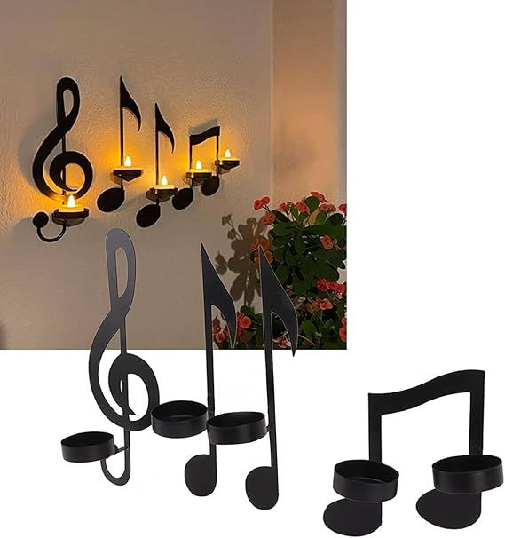 Topyond Wall Candle Holder, Music Note Wall Sconces with 4 Candlesticks, Durable Iron Black Wall Mounted Candle Holders for Home Decor, Weddings, Meditation, Musical Theme Parties